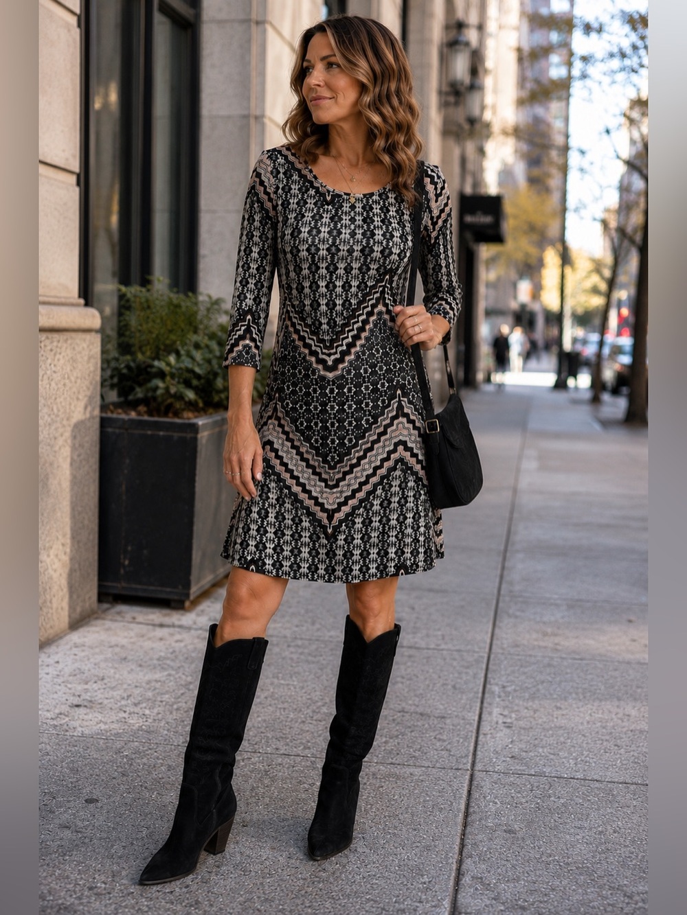 Living Doll Los Angeles Geometric Chevron Print Knit Dress Small 3/4 Sleeve Boho